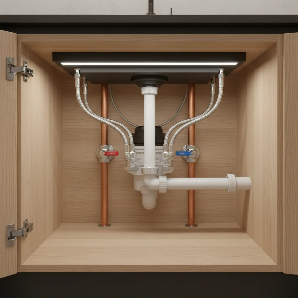 Under kitchen sink plumbing with hot and cold shut off valves and supply lines