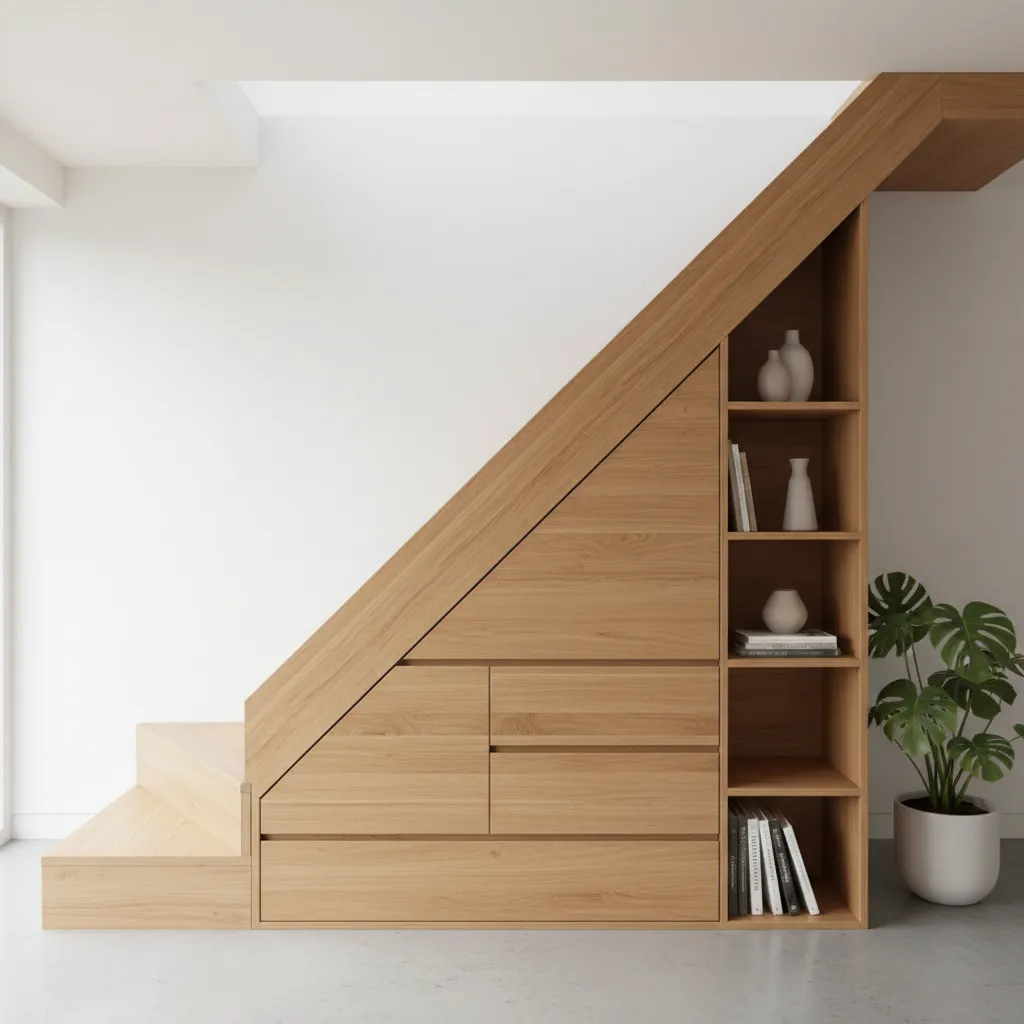 Wooden staircase with custom built-in storage cabinets and open shelves filled with books and vases