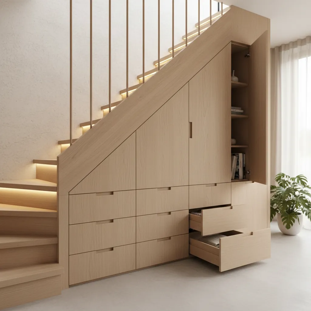 Almacenamiento integrado debajo de una escalera interior