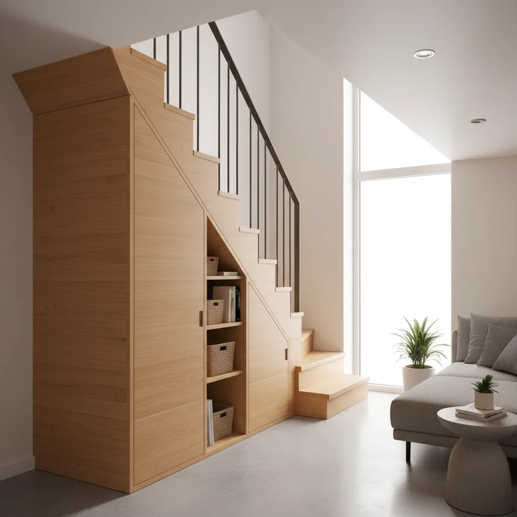 Under stair storage cabinets in a small duplex home