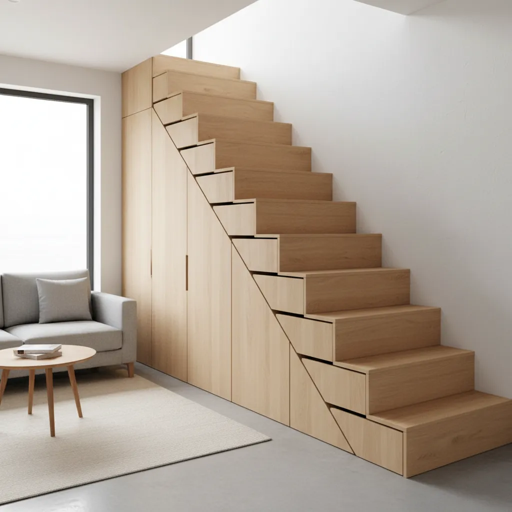 Built-in storage drawers under staircase in a small house