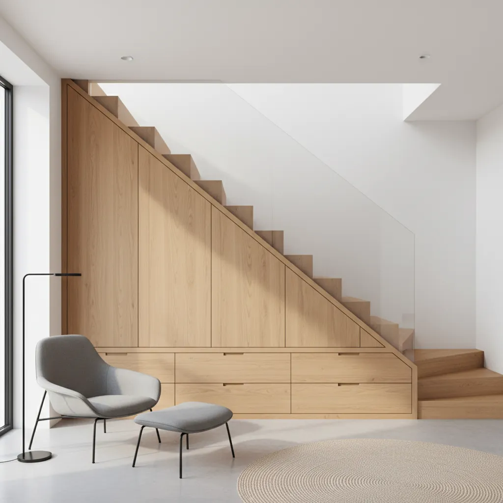 built in storage under staircase in small townhouse interior