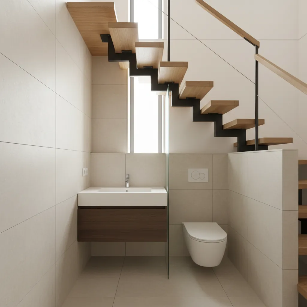 Modern small bathroom built under wooden stairs with white sink wood cabinet and white toilet