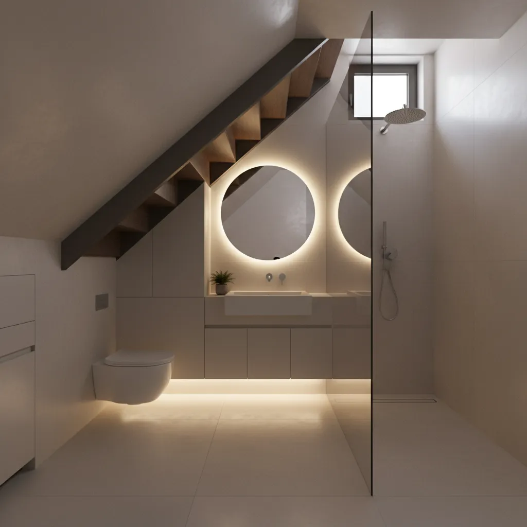 Minimalist bathroom under stairs with glass shower round backlit mirror white cabinet and warm lighting
