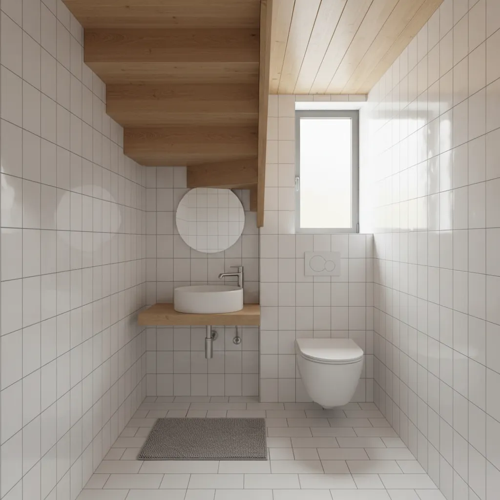 Minimalist white tile bathroom under wooden stairs with small sink round mirror toilet and window