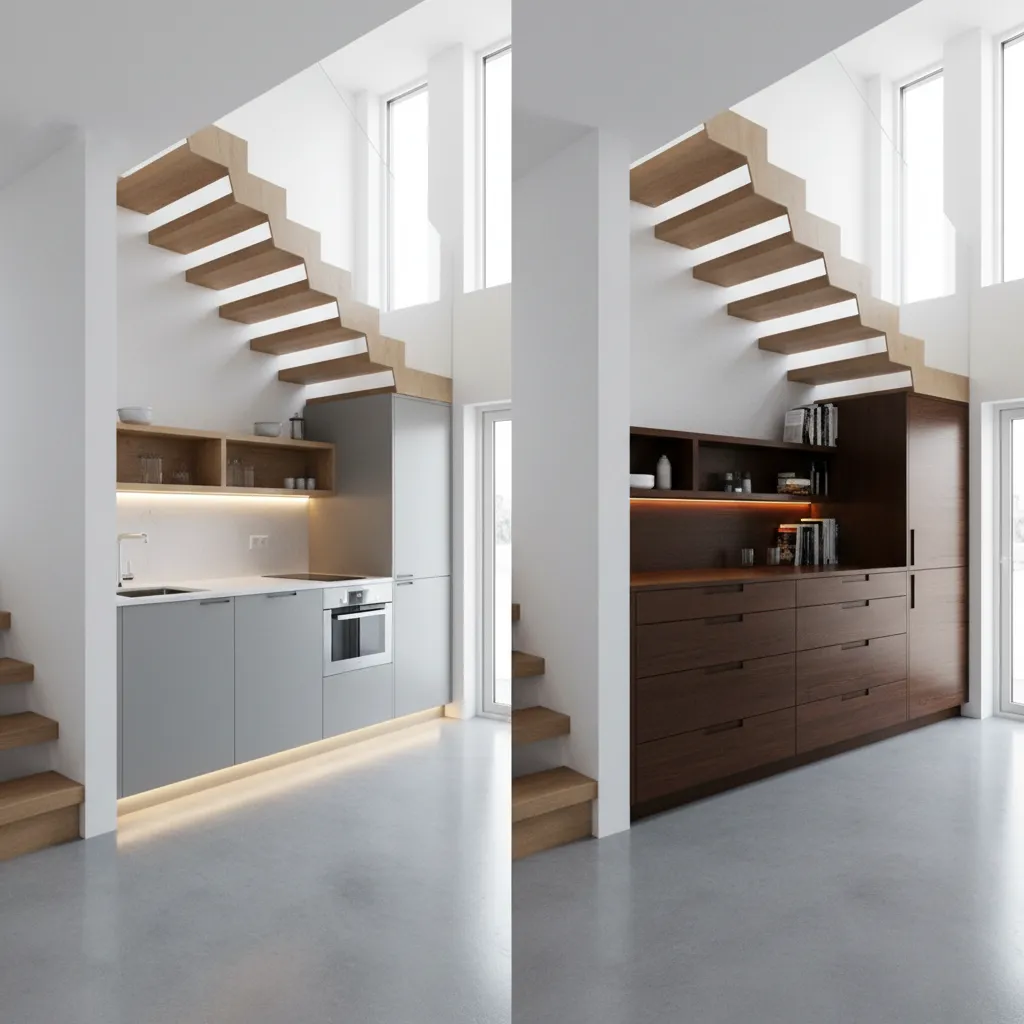 Side by side layout showing under stairs kitchen design compared with storage cabinets