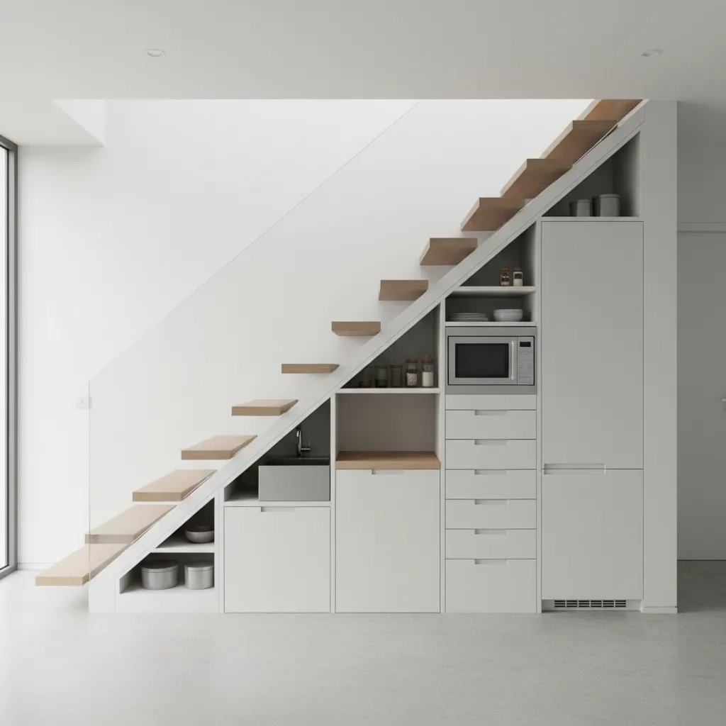 Diagram style interior showing kitchen zones under staircase slope