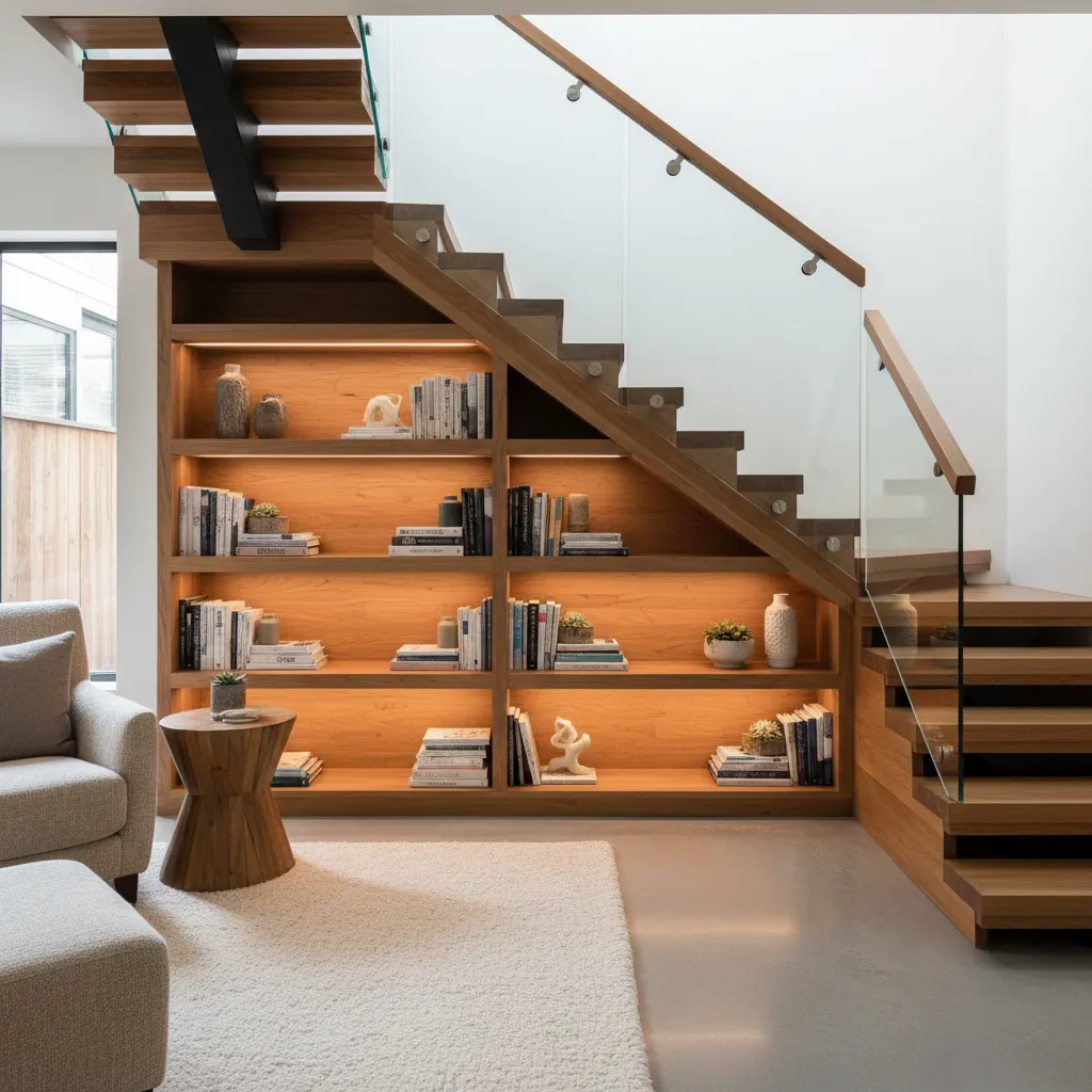 Espacio bajo escalera convertido en biblioteca integrada