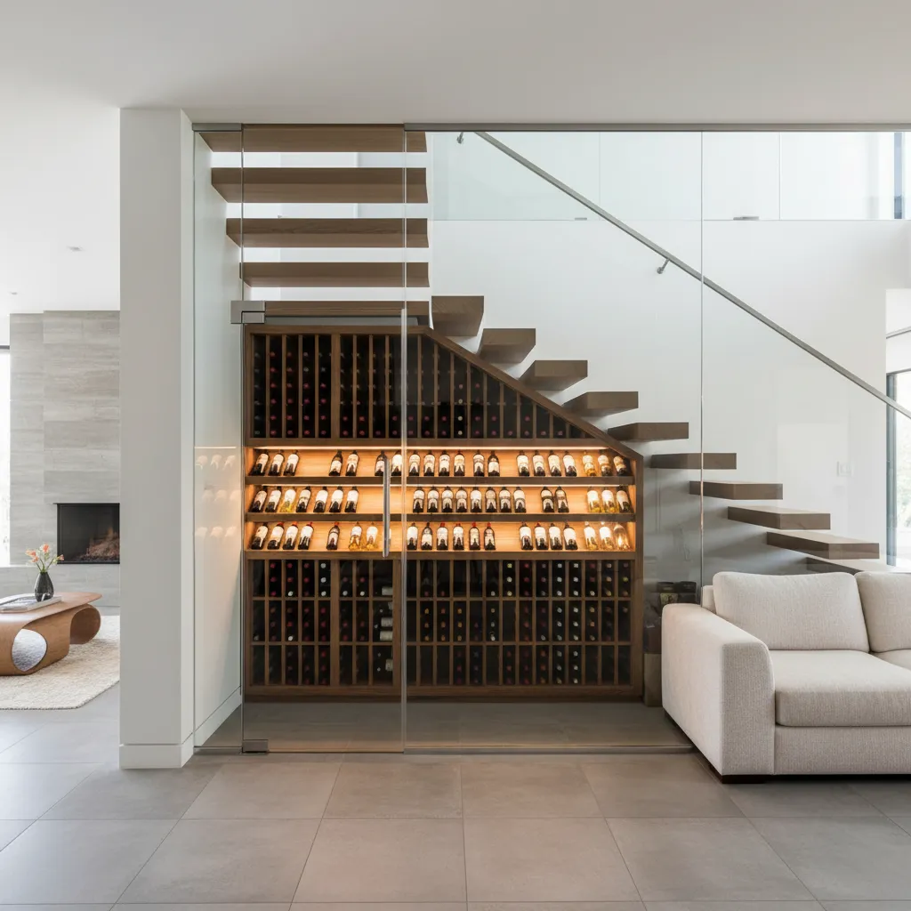 Cava de vino diseñada bajo una escalera en una vivienda moderna
