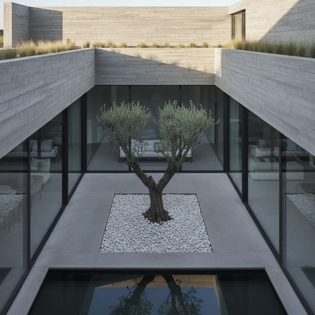 Modern concrete house courtyard with a single tree on white stones and large glass windows