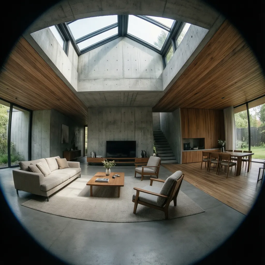 Interior moderno de casa subterránea iluminado por lucernarios
