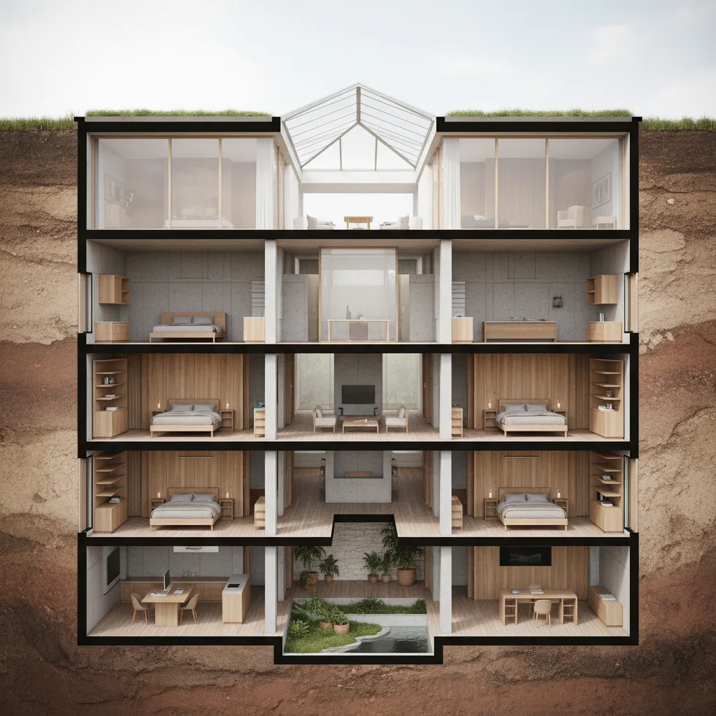Sección arquitectónica de una casa subterránea con patio central