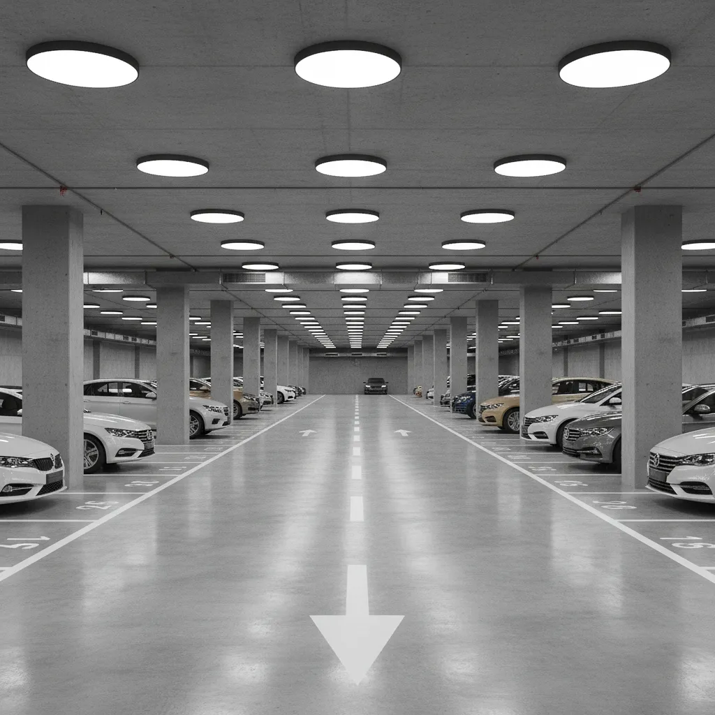 large underground parking garage with clearly marked parking rows and driving aisles