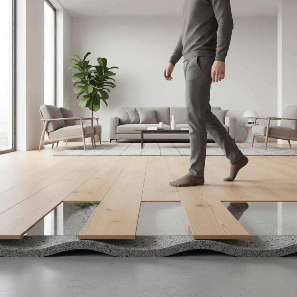 Hardwood flooring with acoustic underlayment reducing impact noise from footsteps