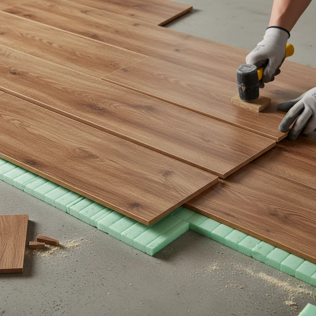 Laminate flooring boards installed over underlayment during renovation