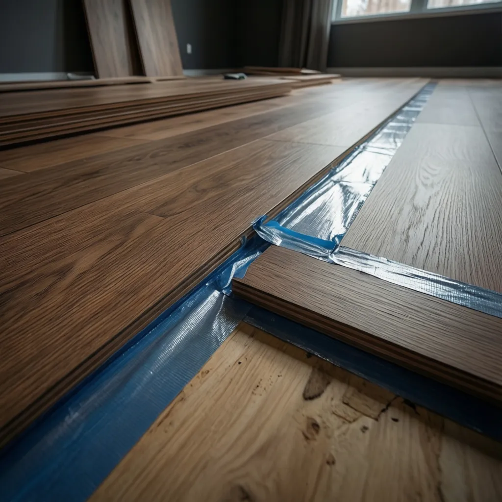 Close-up of taped underlayment seams during hardwood flooring installation