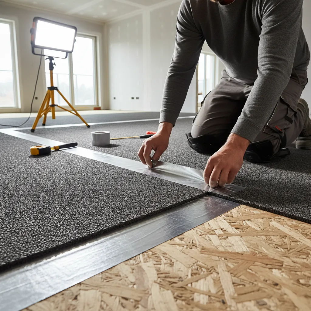 Installer sealing seams between underlayment sheets to improve moisture barrier performance