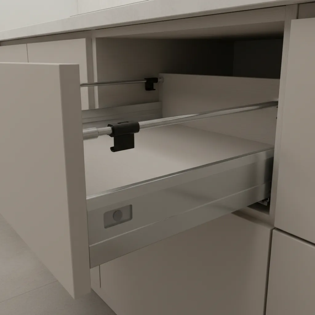 Undermount drawer slide clips located beneath a kitchen drawer front