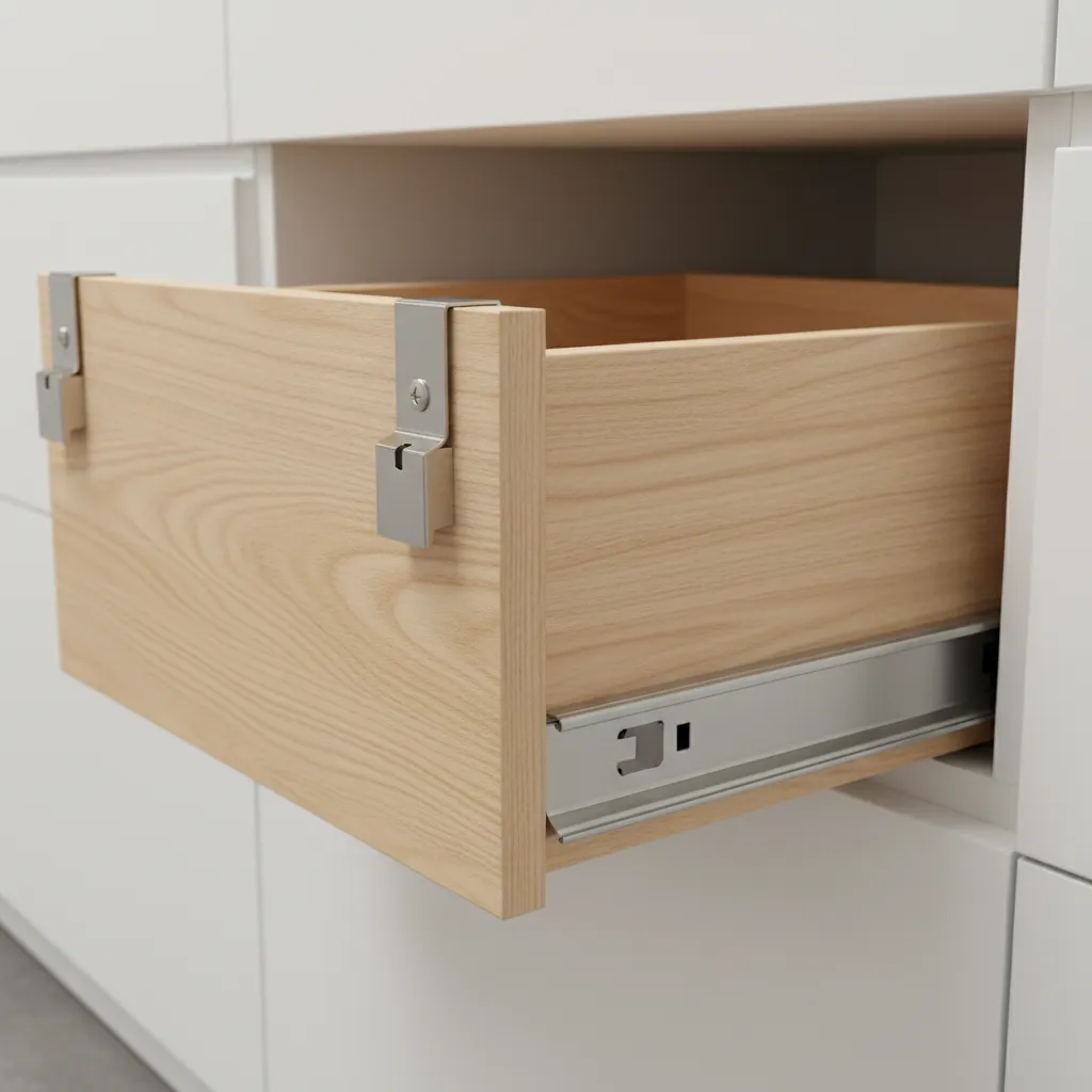 Undermount drawer slide clips under kitchen drawer front