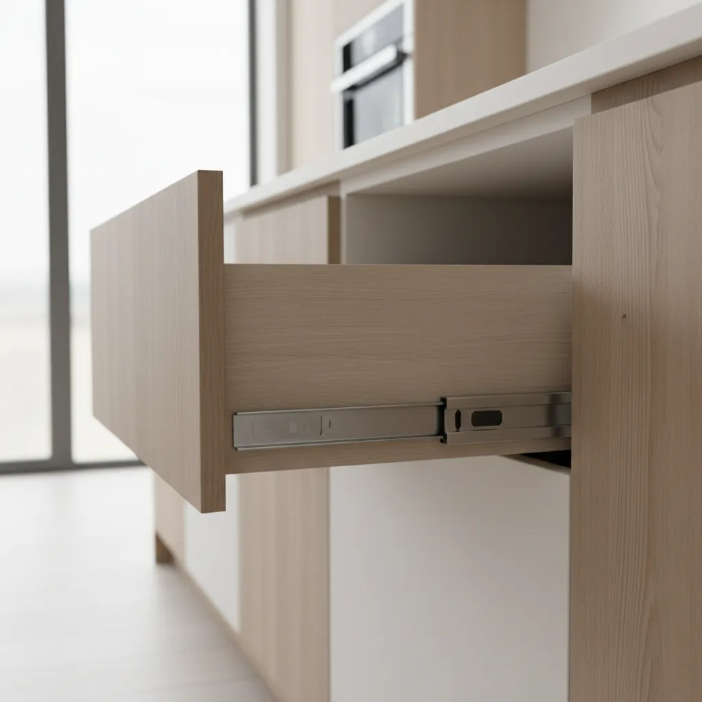 Modern kitchen drawer showing hidden undermount slide system