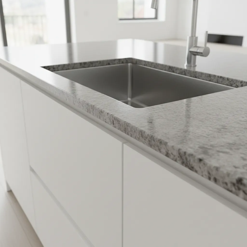 undermount kitchen sink installed below granite countertop edge