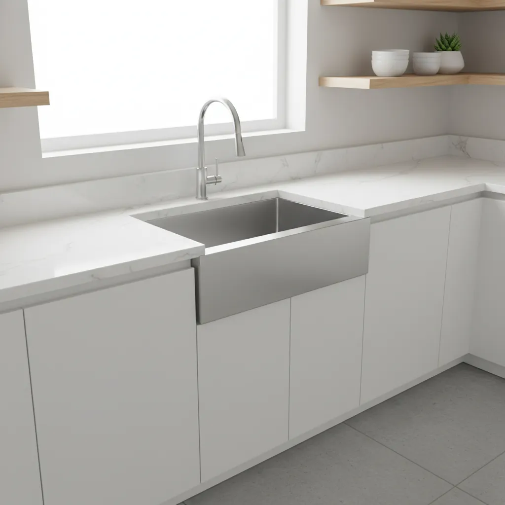 Undermount kitchen sink installed under quartz countertop