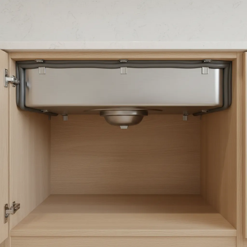 Interior view of wooden cabinet showing bottom of steel kitchen sink with black adhesive seal