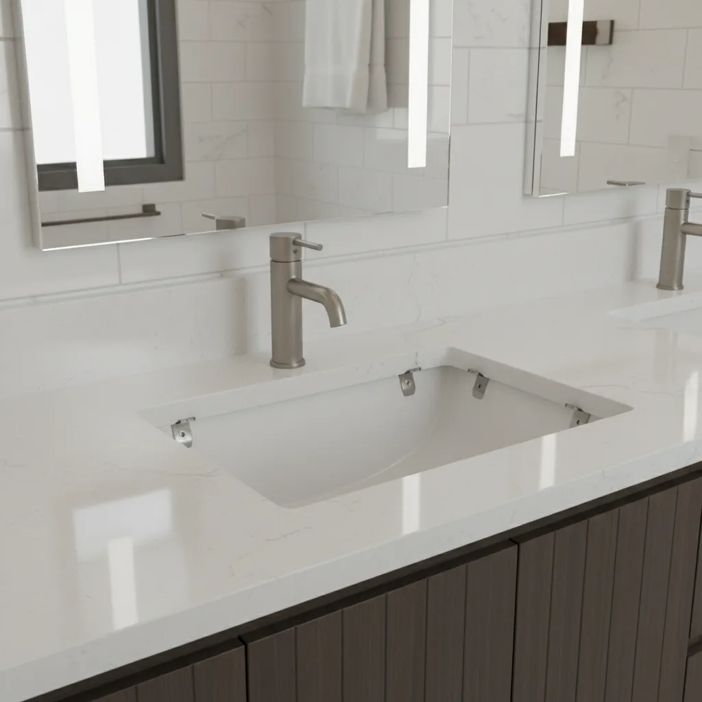 Close view of undermount bathroom sink attached under stone countertop