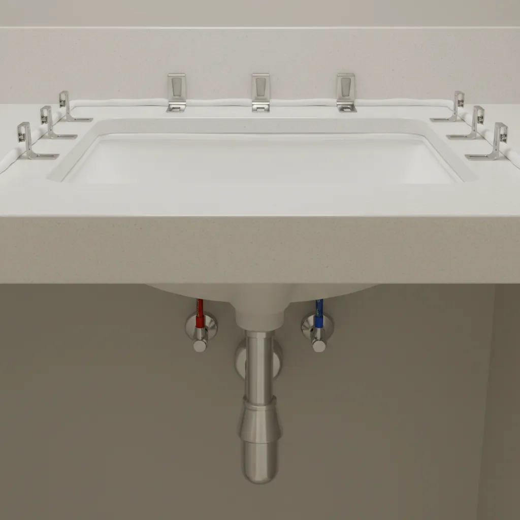 underside view of undermount bathroom sink showing clips and adhesive mounting system