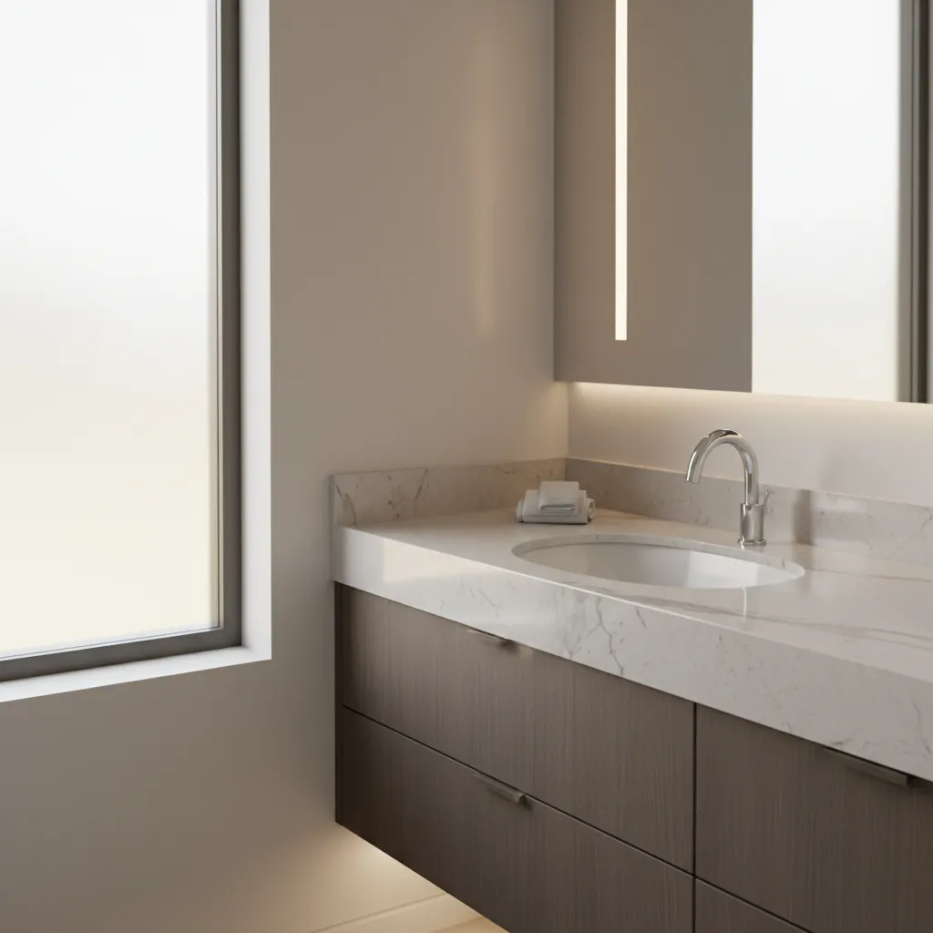 quartz countertop with undermount bathroom sink detail