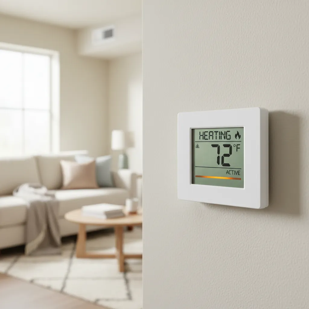 Interior thermostat showing heat pump running continuously in small home