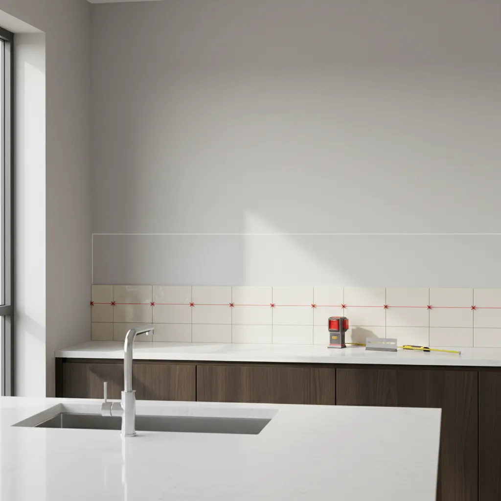 kitchen backsplash showing alignment line guide before tile installation
