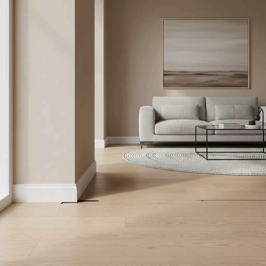 Uneven baseboard alignment along slightly sloped living room floor