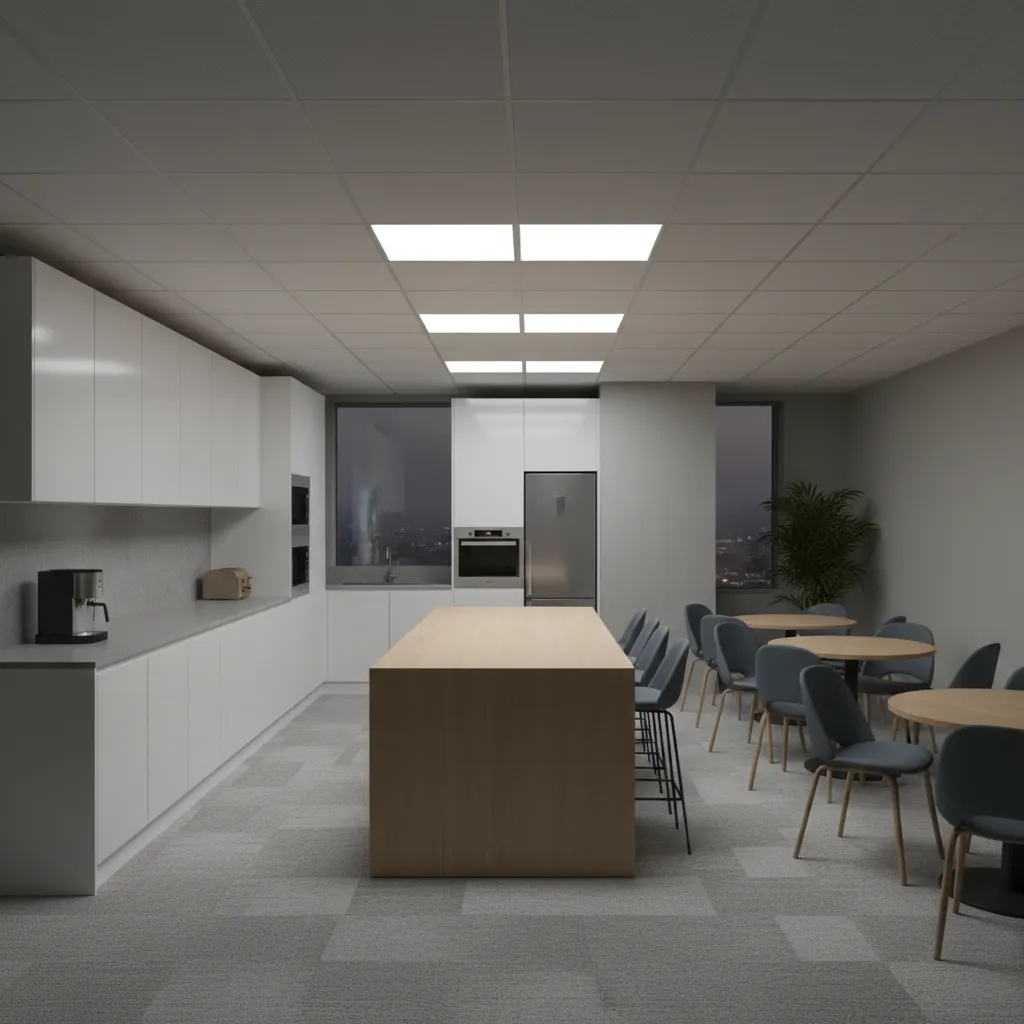 Office break room showing uneven lighting with bright center and darker wall edges