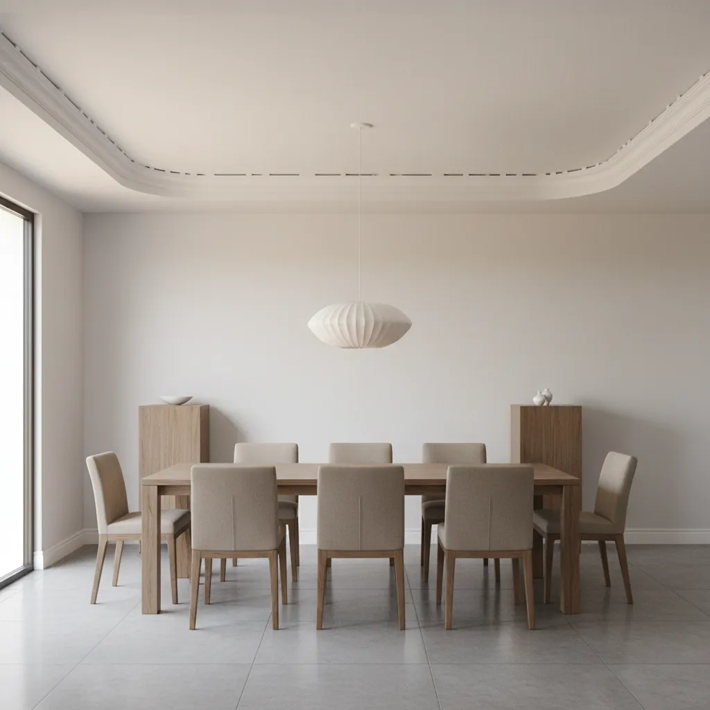 Demonstration of crown molding installed along slightly uneven ceiling line