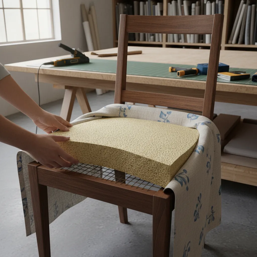 Dining chair seat foam padding being replaced during upholstery repair
