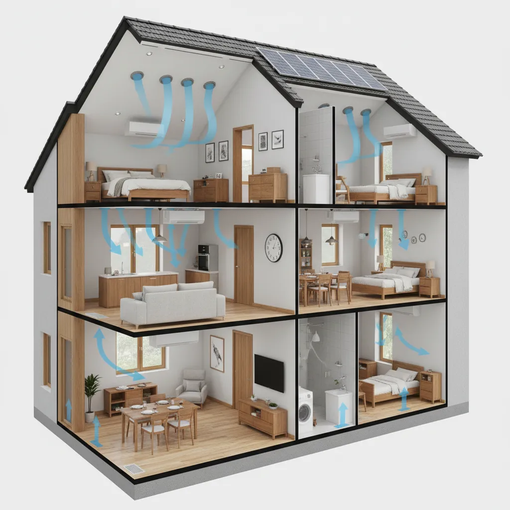 House interior showing different room temperatures and airflow paths