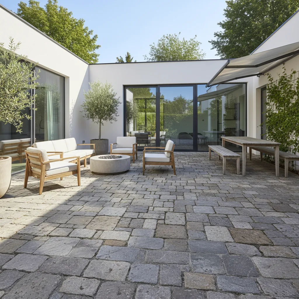 Courtyard with uneven sinking stone pavers forming dips in the surface
