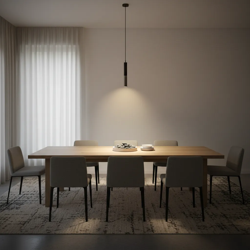 Dining table with bright center and dark edges caused by narrow pendant lighting