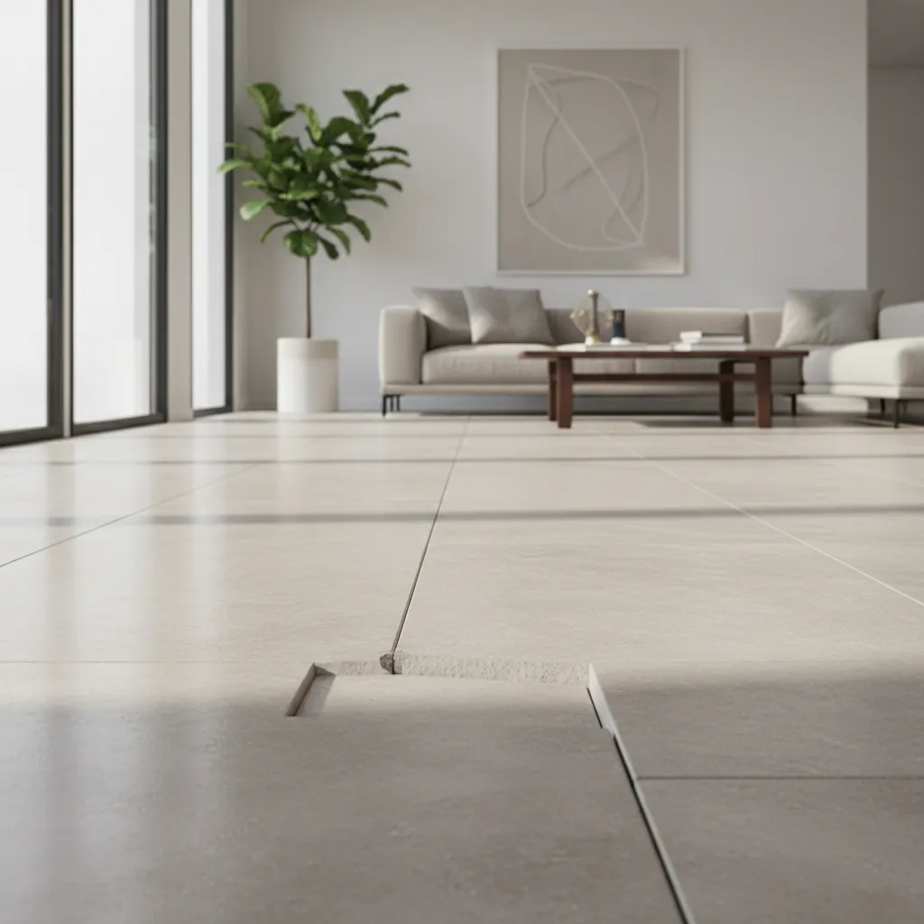 close view of uneven floor tiles showing lippage between tile edges