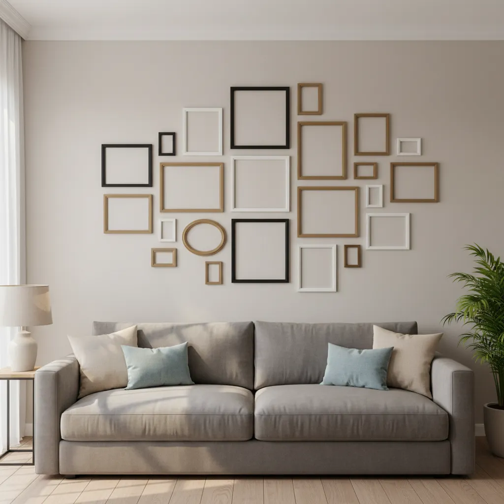 Example of uneven gallery wall with inconsistent spacing between picture frames