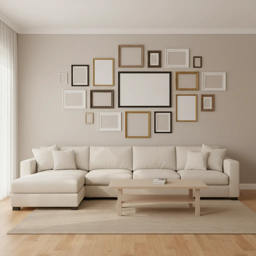 Example of messy gallery wall with uneven frame spacing