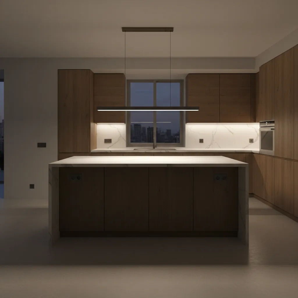 kitchen island with bright center lighting and darker edges showing uneven coverage