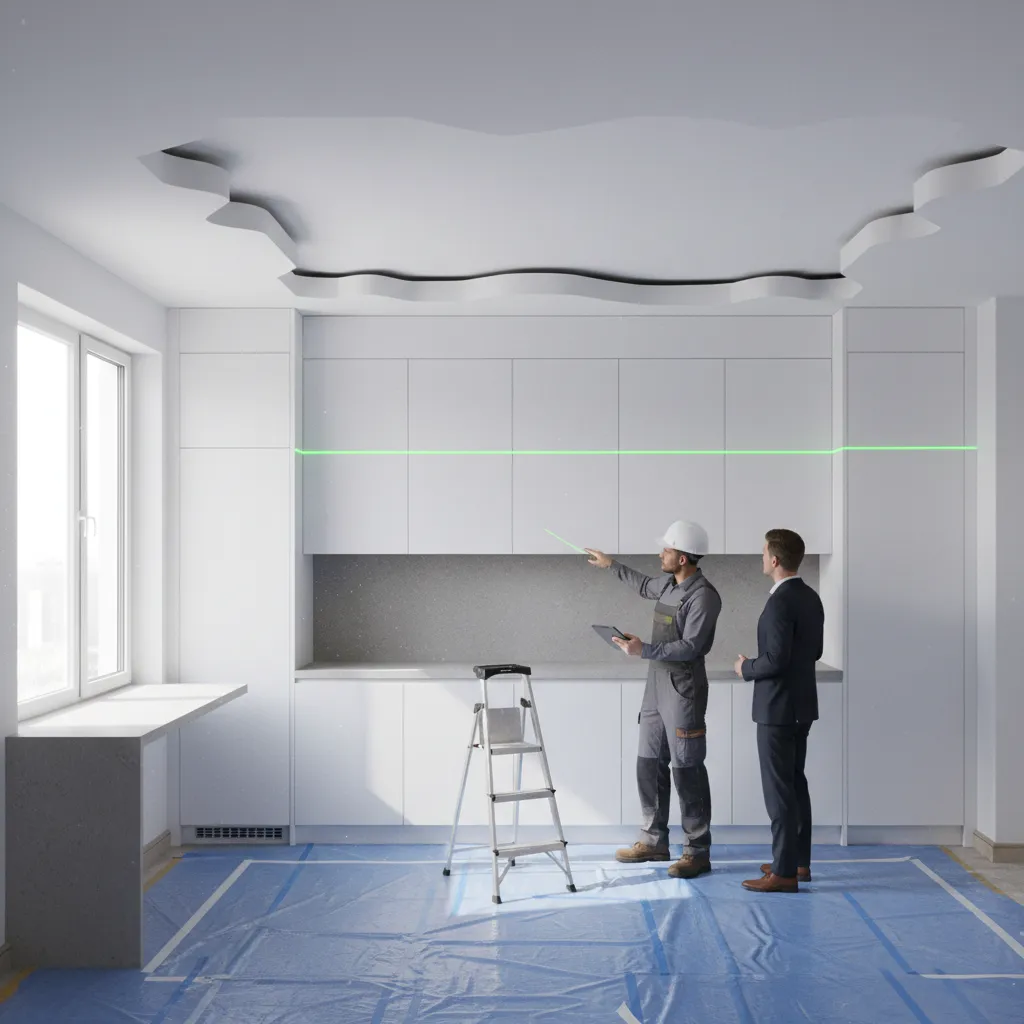 kitchen cabinets and bulkhead showing uneven alignment line