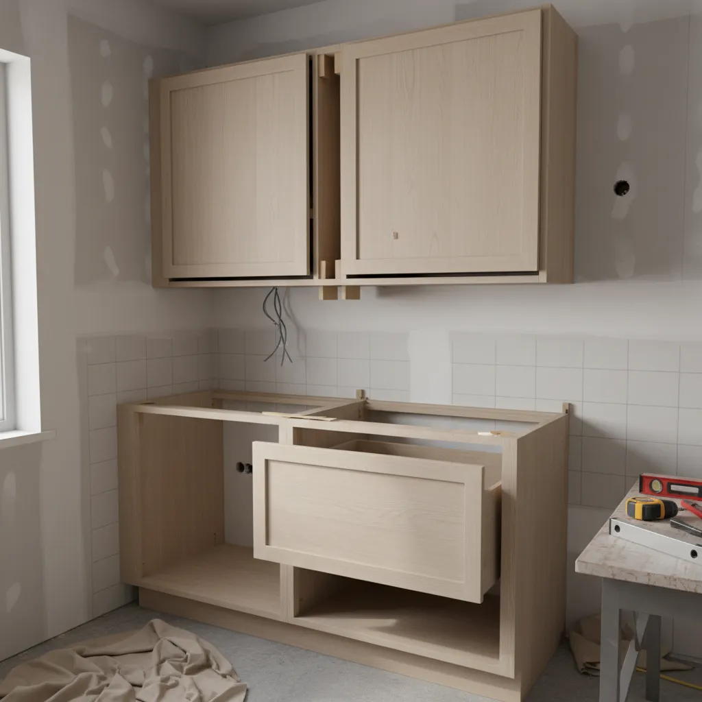 Close up showing uneven kitchen cabinet alignment problem during DIY installation