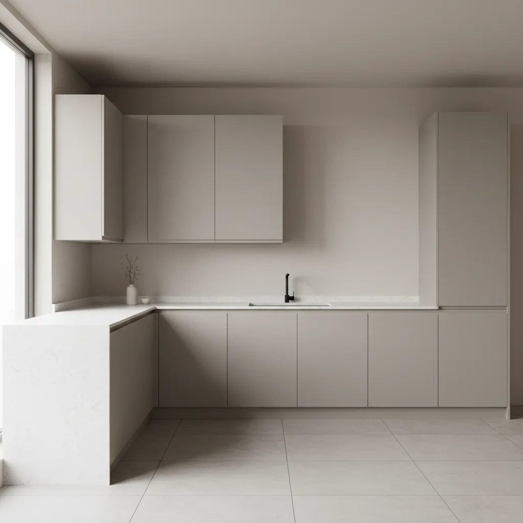 Kitchen showing visual imbalance from uneven cabinet groupings