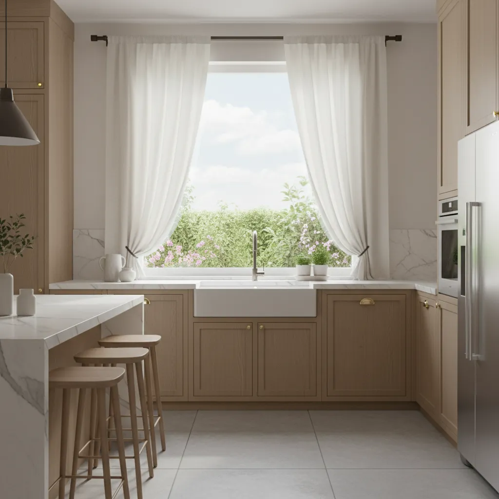 kitchen window with uneven hanging curtain panels