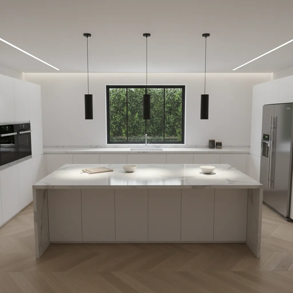 Kitchen island with uneven pendant lighting creating dark areas on countertop