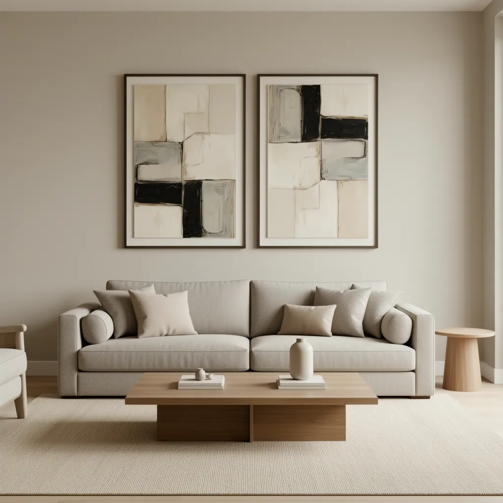 Two large wall pictures hanging unevenly above a sofa showing spacing and alignment issues
