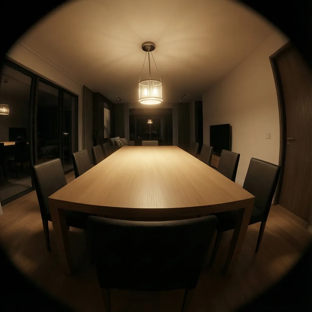 Rectangular dining table with uneven lighting from a small central chandelier